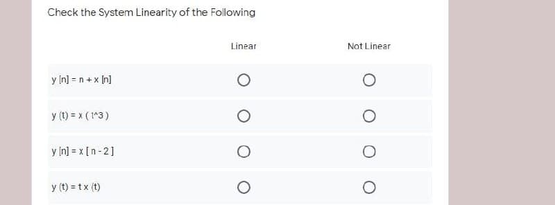 Check the System Linearity of the Following
Linear
Not Linear
y In] = n + x In]
y (t) = x ( 1*3)
y In] = x [n- 2]
y (t) = tx (t)
