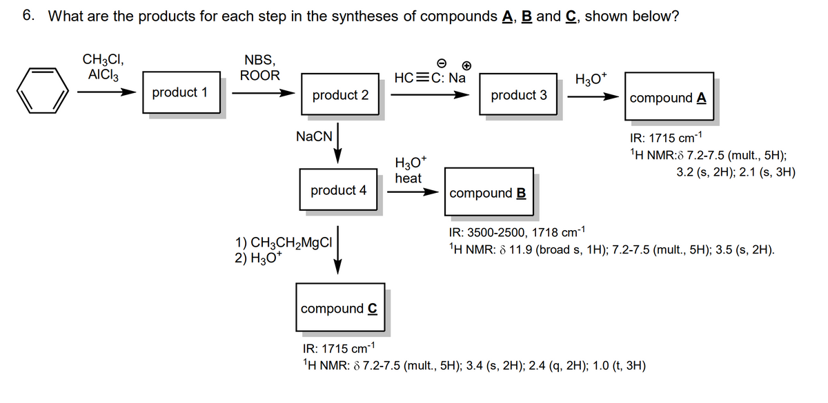 6. What are the products for each step in the syntheses of compounds A, B and C, shown below?
CH3CI,
AICI 3
product 1
NBS,
ROOR
product 2
NaCN
product 4
1) CH3CH₂MgCl
2) H3O+
compound C
HCEC: Na
H3O+
heat
product 3
compound B
H3O+
compound A
IR: 1715 cm-1
¹H NMR:8 7.2-7.5 (mult., 5H);
3.2 (s, 2H); 2.1 (s, 3H)
IR: 3500-2500, 1718 cm-1
¹H NMR: 6 11.9 (broad s, 1H); 7.2-7.5 (mult., 5H); 3.5 (s, 2H).
IR: 1715 cm-1
¹H NMR: 87.2-7.5 (mult., 5H); 3.4 (s, 2H); 2.4 (q, 2H); 1.0 (t, 3H)