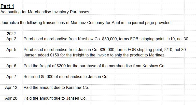 Part 1
Accounting for Merchandise Inventory Purchases
Journalize the following transactions of Martinez Company for April in the journal page provided:
2022
Apr 2
Apr 5
Apr 6
Apr 7
Apr 12
Apr 28
Purchased merchandise from Kershaw Co. $50,000, terms FOB shipping point, 1/10, net 30.
Purchased merchandise from Jansen Co. $30,000, terms FOB shipping point, 2/10, net 30.
Jansen added $150 for the freight to the invoice to ship the product to Martinez.
Paid the freight of $200 for the purchase of the merchandise from Kershaw Co.
Returned $5,000 of merchandise to Jansen Co.
Paid the amount due to Kershaw Co.
Paid the amount due to Jansen Co.