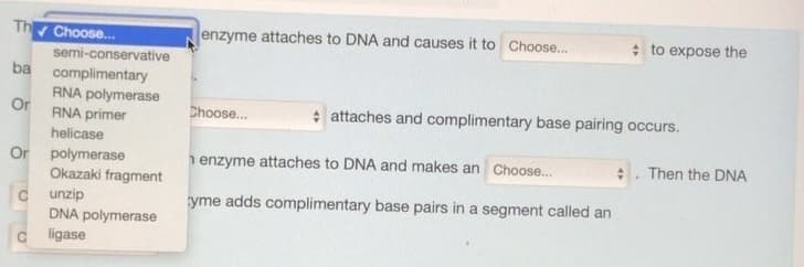 Th
ba
Or
C
Choose...
semi-conservative
complimentary
Or polymerase
C
RNA polymerase
RNA primer
helicase
Okazaki fragment
unzip
DNA polymerase
ligase
enzyme attaches to DNA and causes it to Choose...
Choose...
to expose the
attaches and complimentary base pairing occurs.
h enzyme attaches to DNA and makes an Choose...
yme adds complimentary base pairs in a segment called an
. Then the DNA