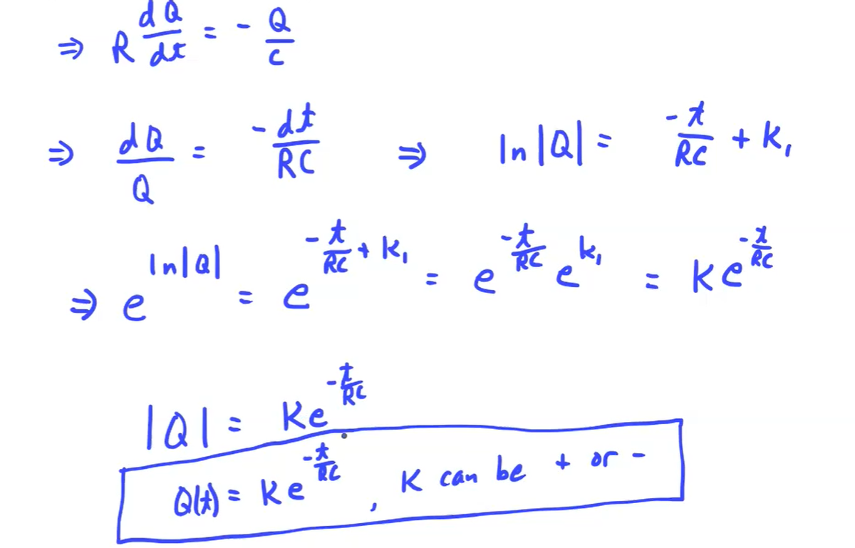 d Q
dQ =
-dt
RC
In la| = + k,
- t
RC
Q
Inlal
- K,
k,
RC
e
: ke
%3D
e
Ta1= Re
K can be + or
Ql4t) = ke
