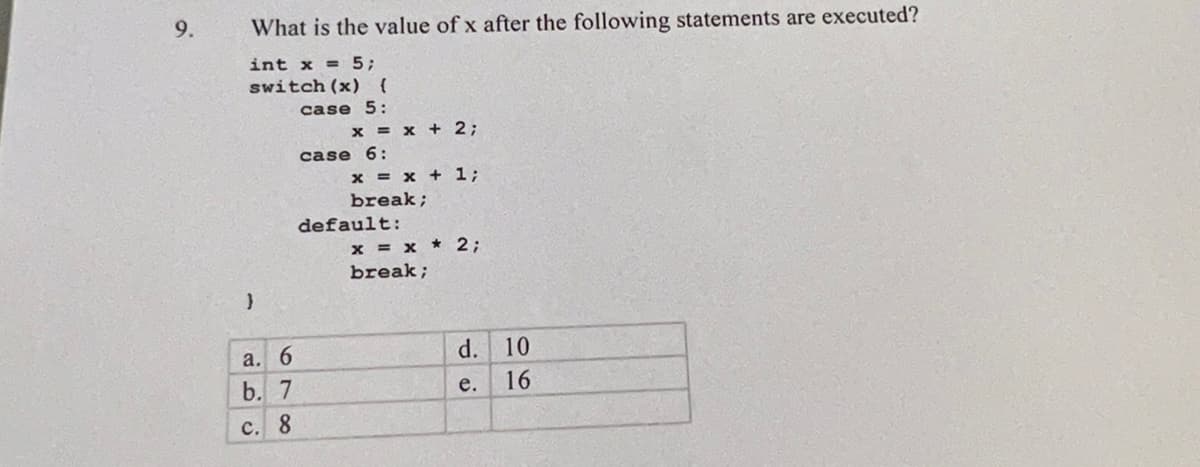 9.
What is the value of x after the following statements are executed?
int x = 5;
switch (x) {
case 5:
}
a. 6
b. 7
c. 8
x = x + 2;
case 6:
x = x + 1;
break;
default:
x = x * 2;
break;
d.
e.
10
16
