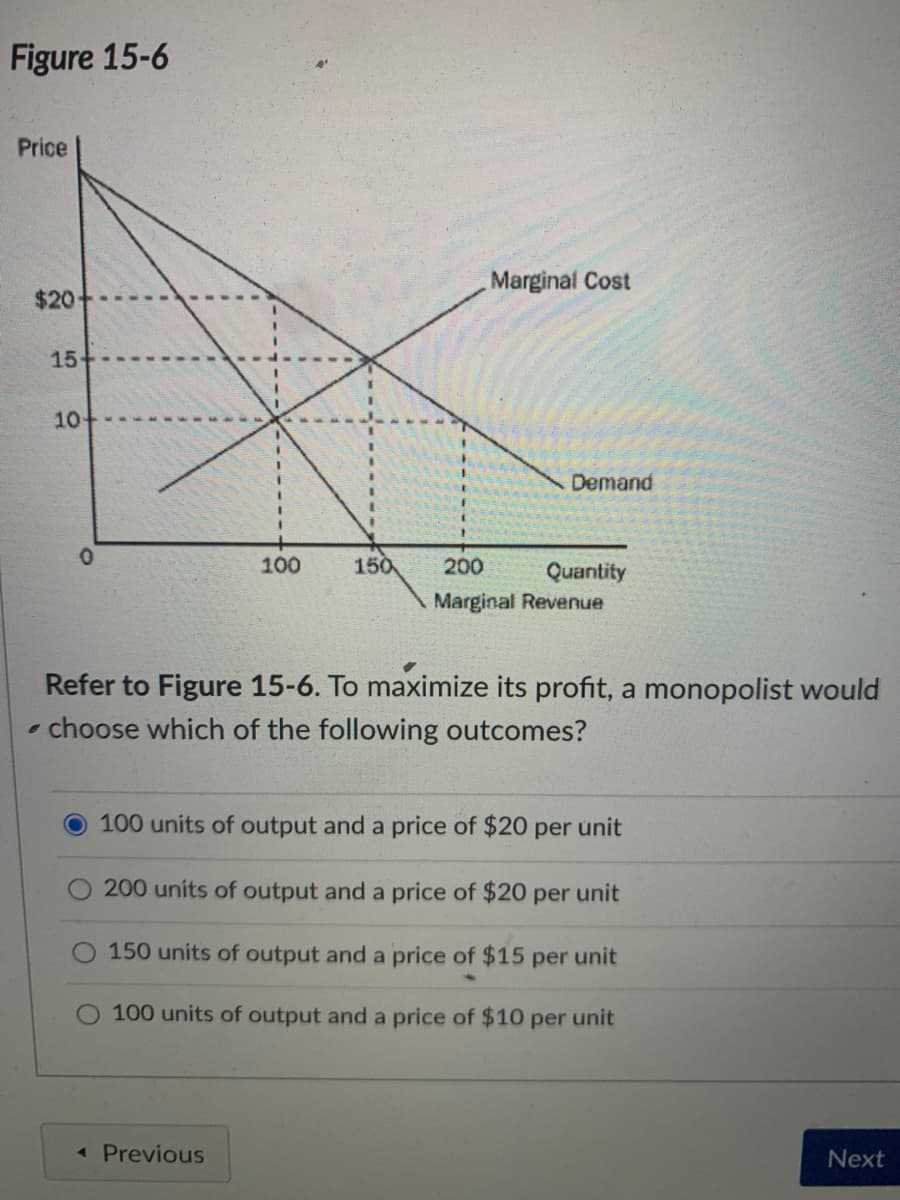 Figure 15-6
Price
Marginal Cost
$20
15
10
Demand
100
150
200
Quantity
Marginal Revenue
Refer to Figure 15-6. To maximize its profit, a monopolist would
• choose which of the following outcomes?
O100 units of output and a price of $20 per unit
200 units of output and a price of $20 per unit
150 units of output and a price of $15 per unit
100 units of output and a price of $10 per unit
« Previous
Next

