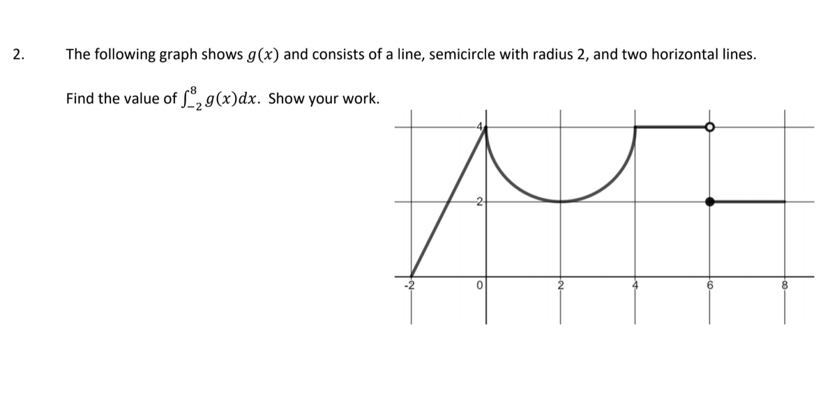 2.
The following graph shows g(x) and consists of a line, semicircle with radius 2, and two horizontal lines.
Find the value of Sº, g(x)dx. Show your work.
2
8
