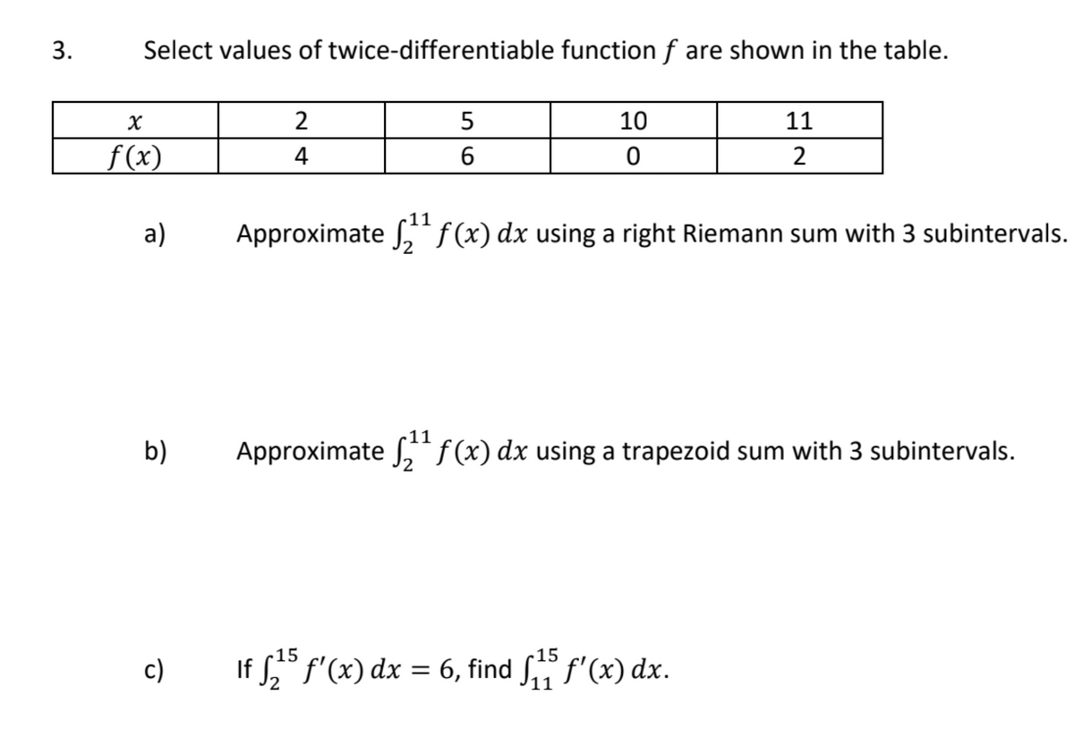 3.
Select values of twice-differentiable function f are shown in the table.
2
10
11
f (x)
4
11
a)
Approximate f,“ f(x) dx using a right Riemann sum with 3 subintervals.
-11
b)
Approximate *f(x) dx using a trapezoid sum with 3 subintervals.
15
15
c)
If S,° f'(x) dx = 6, find S f'(x) dx.
11
