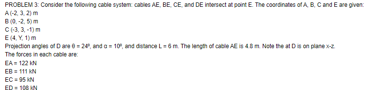 PROBLEM 3: Consider the following cable system: cables AE, BE, CE, and DE intersect at point E. The coordinates of A, B, C and E are given:
A (-2, 3, 2) m
B (0, -2,5) m
C (-3, 3, -1) m
E (4, Y, 1) m
Projection angles of D are 0 = 24°, and a = 10⁰, and distance L = 6 m. The length of cable AE is 4.8 m. Note the at D is on plane x-z.
The forces in each cable are:
EA = 122 KN
EB = 111 KN
EC = 95 KN
ED = 108 KN