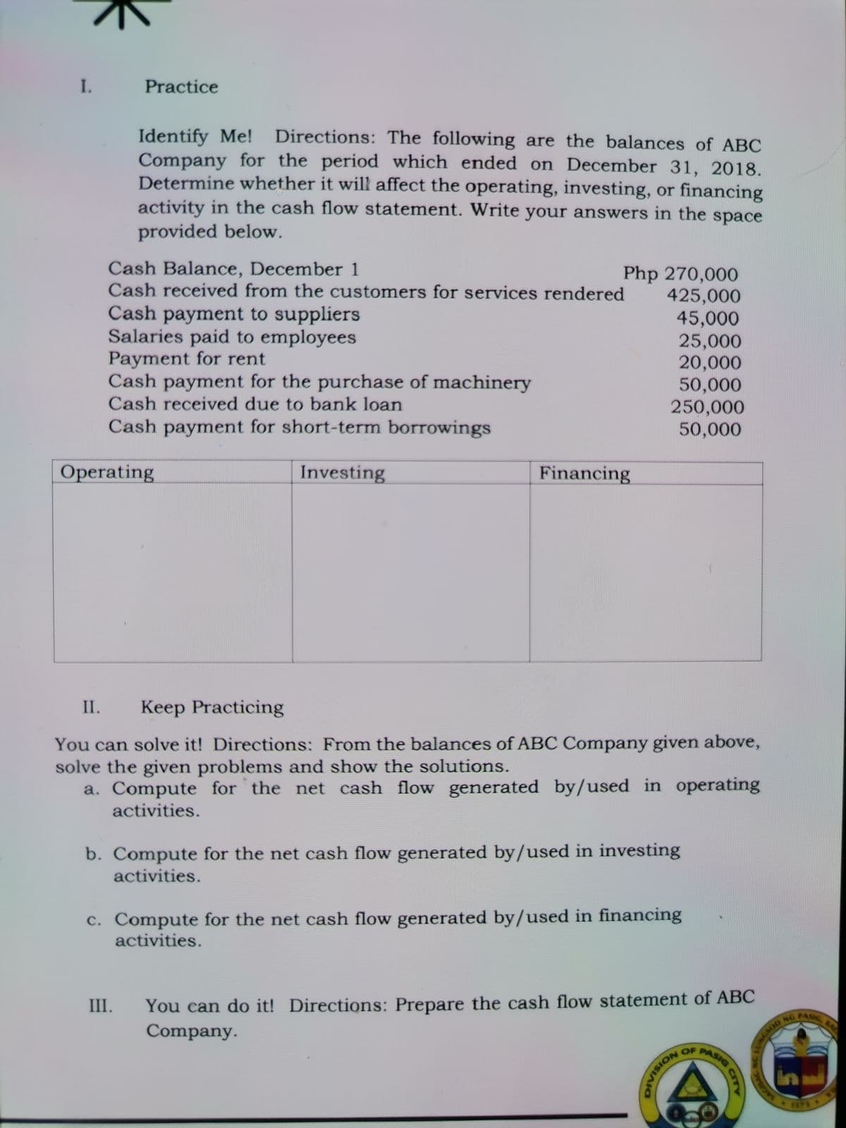 I.
Practice
Identify Me! Directions: The following are the balances of ABC
Company for the period which ended on December 31, 2018.
Determine whether it will affect the operating, investing, or financing
activity in the cash flow statement. Write your answers in the space
provided below.
Php 270,000
425,000
45,000
25,000
20,000
50,000
250,000
50,000
Cash Balance, December 1
Cash received from the customers for services rendered
Cash payment to suppliers
Salaries paid to employees
Payment for rent
Cash payment for the purchase of machinery
Cash received due to bank loan
Cash payment for short-term borrowings
Operating
Investing
Financing
II.
Keep Practicing
You can solve it! Directions: From the balances of ABC Company given above,
solve the given problems and show the solutions.
a. Compute for the net cash flow generated by/used in operating
activities.
b. Compute for the net cash flow generated by/used in investing
activities.
c. Compute for the net cash flow generated by/used in financing
activities.
You can do it! Directions: Prepare the cash flow statement of ABC
Company.
III.
A
NG PASIC
PASIG
OF
in
57
CITY
DIVISION
