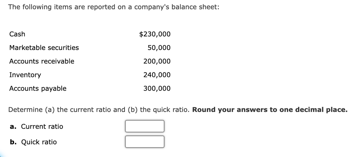 The following items are reported on a company's balance sheet:
Cash
$230,000
Marketable securities
50,000
Accounts receivable
200,000
Inventory
240,000
Accounts payable
300,000
Determine (a) the current ratio and (b) the quick ratio. Round your answers to one decimal place.
a. Current ratio
b. Quick ratio
