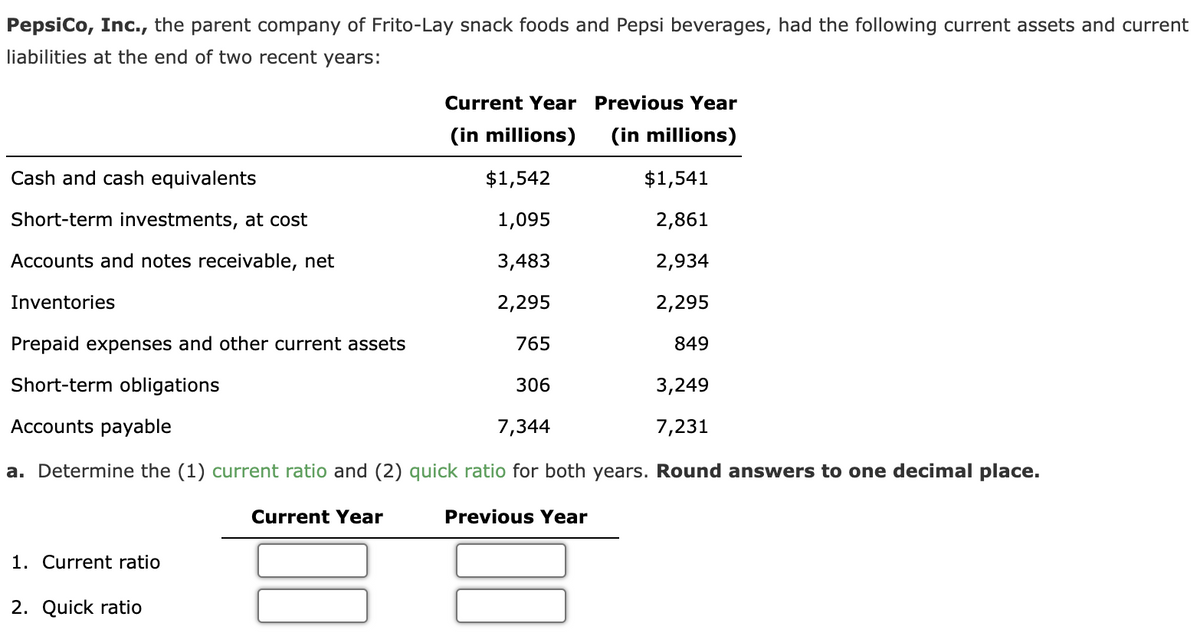 PepsiCo, Inc., the parent company of Frito-Lay snack foods and Pepsi beverages, had the following current assets and current
liabilities at the end of two recent years:
Current Year Previous Year
(in millions)
(in millions)
Cash and cash equivalents
$1,542
$1,541
Short-term investments, at cost
1,095
2,861
Accounts and notes receivable, net
3,483
2,934
Inventories
2,295
2,295
Prepaid expenses and other current assets
765
849
Short-term obligations
306
3,249
Accounts payable
7,344
7,231
a. Determine the (1) current ratio and (2) quick ratio for both years. Round answers to one decimal place.
Current Year
Previous Year
1. Current ratio
2. Quick ratio
