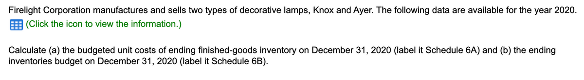 Firelight Corporation manufactures and sells two types of decorative lamps, Knox and Ayer. The following data are available for the year 2020.
(Click the icon to view the information.)
Calculate (a) the budgeted unit costs of ending finished-goods inventory on December 31, 2020 (label it Schedule 6A) and (b) the ending
inventories budget on December 31, 2020 (label it Schedule 6B).
