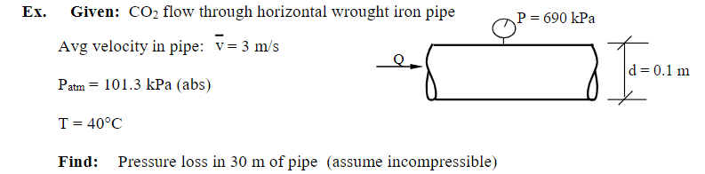 Ex.
Given: CO2 flow through horizontal wrought iron pipe
P = 690 kPa
Avg velocity in pipe: v= 3 m/s
d = 0.1 m
Patm = 101.3 kPa (abs)
T = 40°C
Find:
Pressure loss in 30 m of pipe (assume incompressible)
