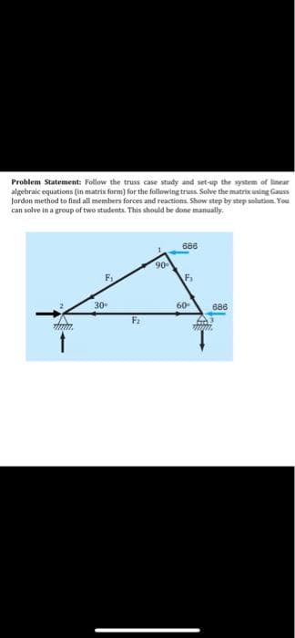 Problem Statement: Follow the truss case study and set-up the system of linear
algebraic equations (in matrix form) for the following truss. Solve the matrix using Gauss
Jordon method to find all members forces and reactions. Show step by step seolution. You
can solve in a group of two students. This should be done manually.
686
90
F1
30
60
686
F2
