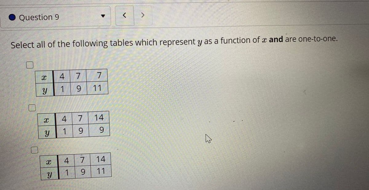 Question 9
Select all of the following tables which represent y as a function of x and are one-to-one.
7
11
1.
4
7
14
1
9.
6.
14
1
6.
11
