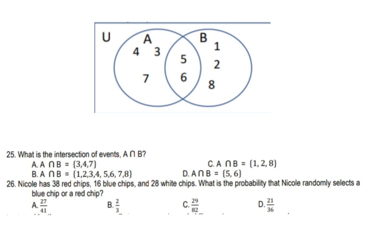 U
A
1
4 3
5
7
6.
25. What is the intersection of events, A N B?
A. A NB = {3,4,7}
B. A NB = {1,2,3,4, 5,6, 7,8}
26. Nicole has 38 red chips, 16 blue chips, and 28 white chips. What is the probability that Nicole randomly selects a
C. A NB = {1, 2, 8}
D. ANB = {5, 6}
%3D
blue chip or a red chip?
A. 27
А.
41..
B.2
29
С.
82
C.
D. 21
36
N|3.
