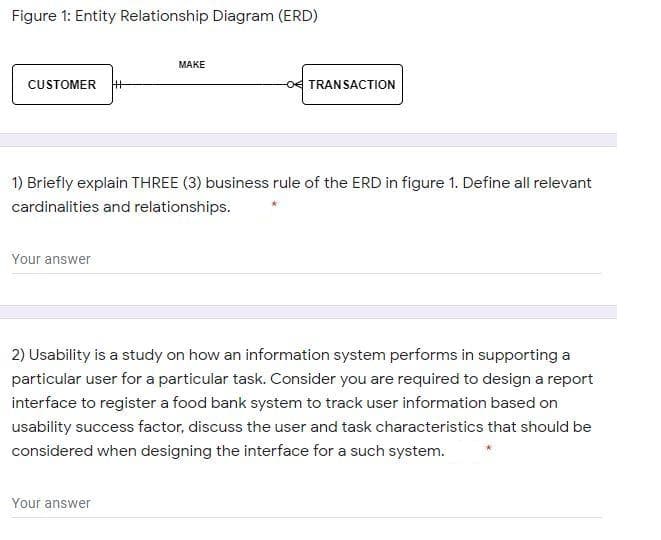 Figure 1: Entity Relationship Diagram (ERD)
MAKE
CUSTOMER +
TRANSACTION
1) Briefly explain THREE (3) business rule of the ERD in figure 1. Define all relevant
cardinalities and relationships.
Your answer
2) Usability is a study on how an information system performs in supporting a
particular user for a particular task. Consider you are required to design a report
interface to register a food bank system to track user information based on
usability success factor, discuss the user and task characteristics that should be
considered when designing the interface for a such system.
Your answer
