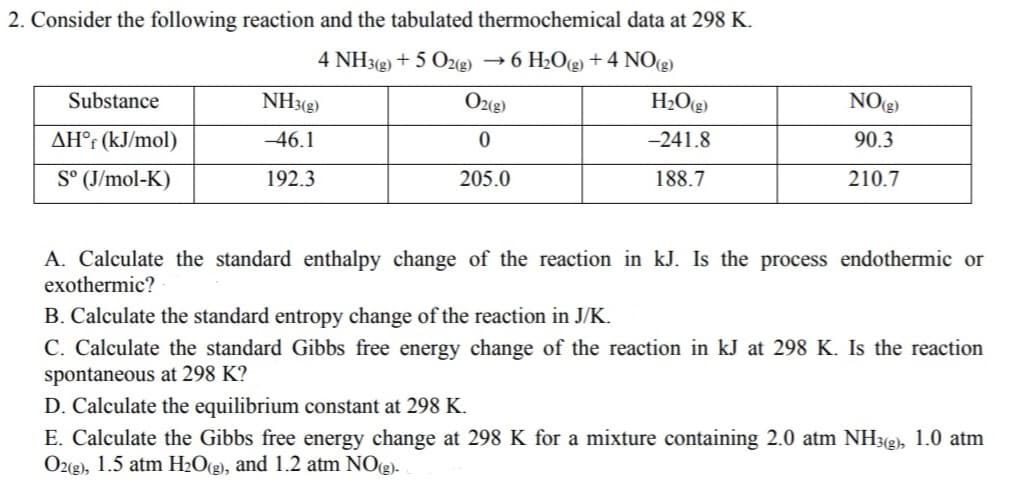 2. Consider the following reaction and the tabulated thermochemical data at 298 K.
4 NH3(2) + 5 O2(g) → 6 H2O(g) + 4 NO(g)
Substance
NH3(g)
H2Og)
NO(3)
AH°r (kJ/mol)
-46.1
-241.8
90.3
S° (J/mol-K)
192.3
205.0
188.7
210.7
A. Calculate the standard enthalpy change of the reaction in kJ. Is the process endothermic or
exothermic?
B. Calculate the standard entropy change of the reaction in J/K.
C. Calculate the standard Gibbs free energy change of the reaction in kJ at 298 K. Is the reaction
spontaneous at 298 K?
D. Calculate the equilibrium constant at 298 K.
E. Calculate the Gibbs free energy change at 298 K for a mixture containing 2.0 atm NH3(g), 1.0 atm
O2(g), 1.5 atm H2O(g), and 1.2 atm NOg).
