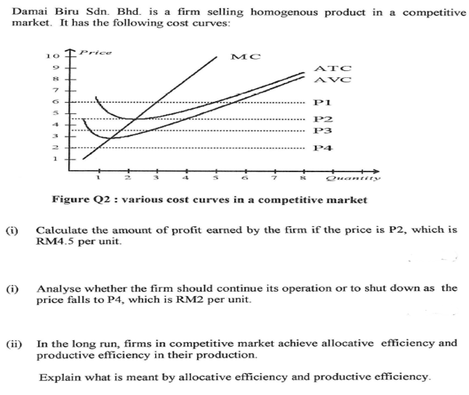 Damai Biru Sdn. Bhd. is a firm selling homogenous product in a competitive
market. It has the following cost curves:
Price
10
MC
ΑΤ
AVC
P1
P2
P3
P4
1
+ +>
Quantity
Figure Q2 : various cost curves in a competitive market
(i) Calculate the amount of profit earned by the firm if the price is P2, which is
RM4.5 per unit.
(i) Analyse whether the firm should continue its operation or to shut down as the
price falls to P4, which is RM2 per unit.
(ii) In the long run, firms in competitive market achieve allocative efficiency and
productive efficiency in their production.
Explain what is meant by allocative efficiency and productive efficiency.
