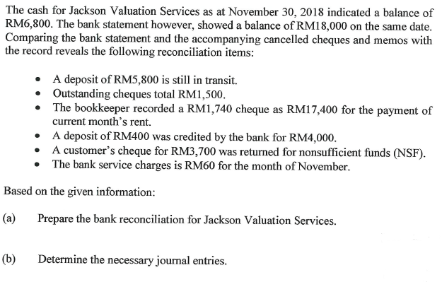 The cash for Jackson Valuation Services as at November 30, 2018 indicated a balance of
RM6,800. The bank statement however, showed a balance of RM18,000 on the same date.
Comparing the bank statement and the accompanying cancelled cheques and memos with
the record reveals the following reconciliation items:
• A deposit of RM5,800 is still in transit.
• Outstanding cheques total RM1,500.
The bookkeeper recorded a RM1,740 cheque as RM17,400 for the payment of
current month's rent.
• A deposit of RM400 was credited by the bank for RM4,000,
A customer's cheque for RM3,700 was returned for nonsufficient funds (NSF).
The bank service charges is RM60 for the month of November.
Based on the given information:
(a)
Prepare the bank reconciliation for Jackson Valuation Services.
(b)
Determine the necessary journal entries.
