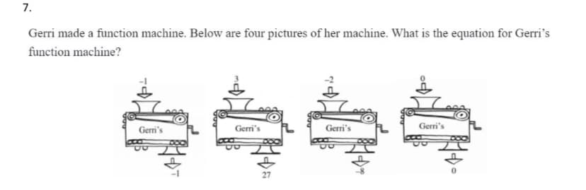 7.
Gerri made a function machine. Below are four pictures of her machine. What is the equation for Gerri's
function machine?
Gerri's
Gerri's
Gerri's
Gerri's
27
