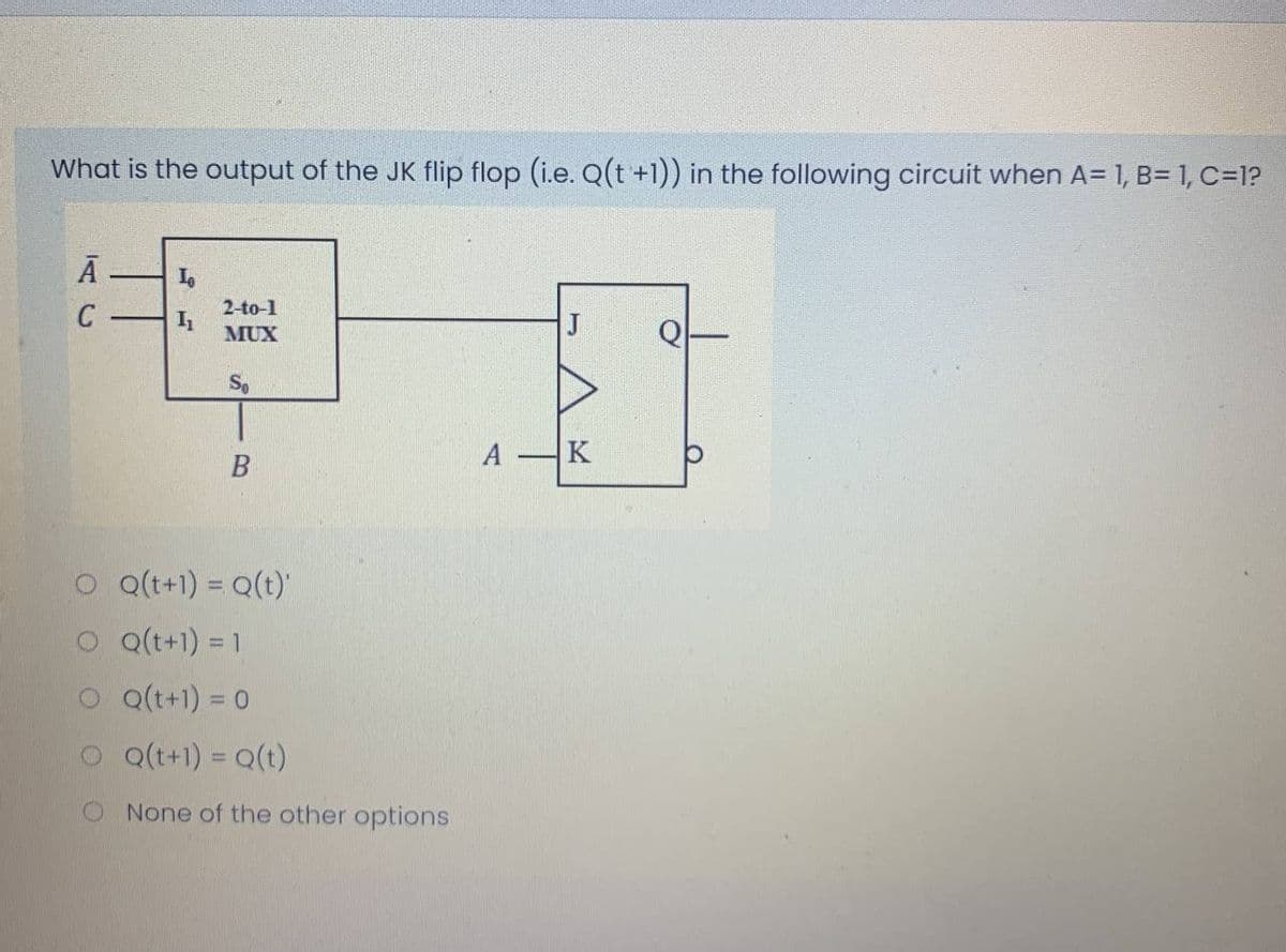 What is the output of the JK flip flop (i.e. Q(t +1)) in the following circuit when A= 1, B= 1, C=1?
Ā
2-to-1
C
J
MUX
So
A K
O Q(t+1) = Q(t)"
O Q(t+1) = 1
%3D
o o(t+1) = 0
O Q(t+1) = Q(t)
O None of the other options
