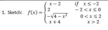 x - 2
if xs-2
- 2 <x< 0
1. Sketch: f(x) =
-V4- x2
x + 4
0 <x< 2
x> 2
