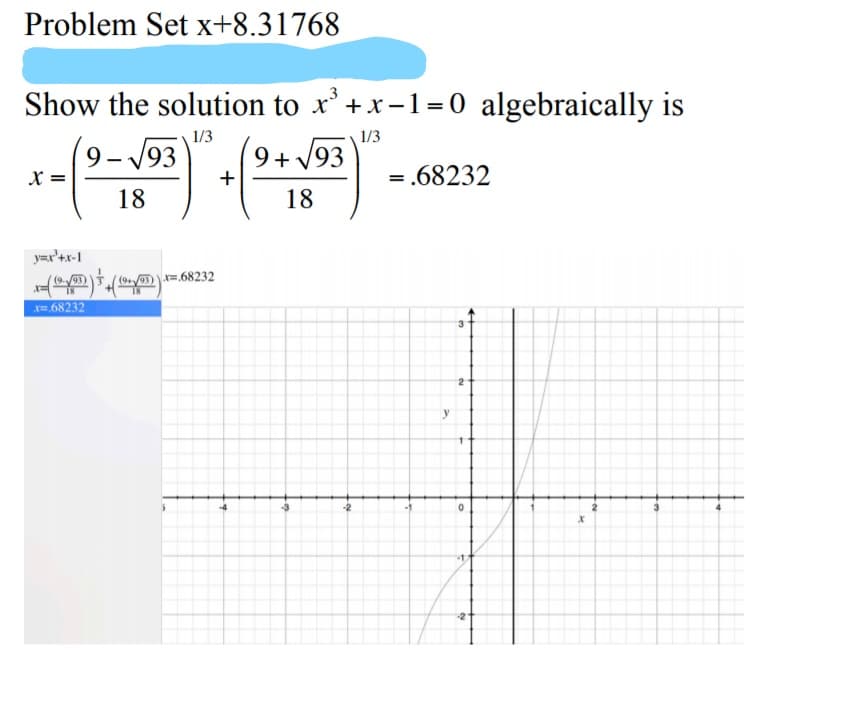 Problem Set x+8.31768
Show the solution to x'+x-1= 0 algebraically is
1/3
1/3
9- 193
X =
9+ 193
+
=.68232
18
18
y=r'+x-1
(9-/93)
(9+/9)=.68232
68232
3.
-3
-2
