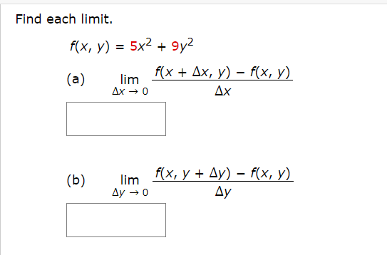 f(x, у) 3D 5x2 + 9у2
f(x + Дх, у) — f(x, y)
(а)
lim
Ax → 0
Ax
f(x, у + Ду) — f(x, у)
Ду
(Б)
lim
Ay → 0
