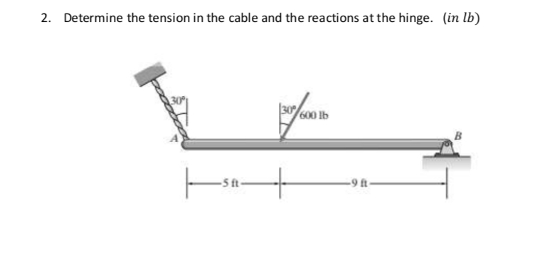 2. Determine the tension in the cable and the reactions at the hinge. (in lb)
600 lb
B
-9 ft-
