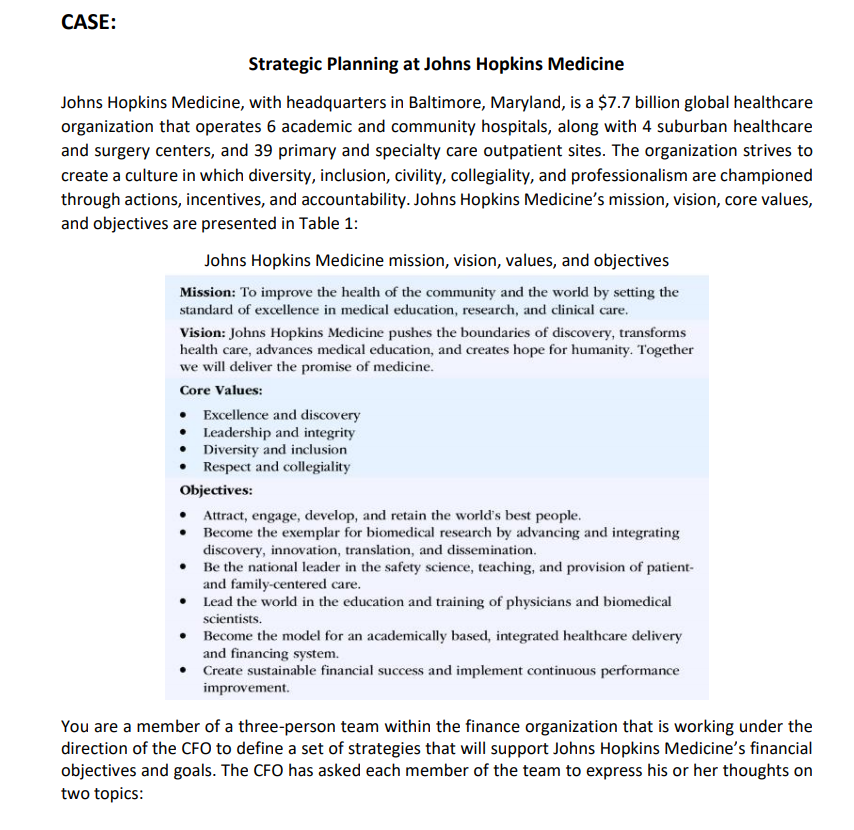CASE:
Strategic Planning at Johns Hopkins Medicine
Johns Hopkins Medicine, with headquarters in Baltimore, Maryland, is a $7.7 billion global healthcare
organization that operates 6 academic and community hospitals, along with 4 suburban healthcare
and surgery centers, and 39 primary and specialty care outpatient sites. The organization strives to
create a culture in which diversity, inclusion, civility, collegiality, and professionalism are championed
through actions, incentives, and accountability. Johns Hopkins Medicine's mission, vision, core values,
and objectives are presented in Table 1:
Johns Hopkins Medicine mission, vision, values, and objectives
Mission: To improve the health of the community and the world by setting the
standard of excellence in medical education, research, and clinical care.
Vision: Johns Hopkins Medicine pushes the boundaries of discovery, transforms
health care, advances medical education, and creates hope for humanity. Together
we will deliver the promise of medicine.
Core Values:
• Excellence and discovery
• Leadership and integrity
• Diversity and inclusion
• Respect and collegiality
Objectives:
• Attract, engage, develop, and retain the world's best people.
• Become the exemplar for biomedical research by advancing and integrating
discovery, innovation, translation, and dissemination.
• Be the national leader in the safety science, teaching, and provision of patient-
and family-centered care.
• Lead the world in the education and training of physicians and biomedical
scientists.
• Become the model for an academically based, integrated healthcare delivery
and financing system.
• Create sustainable financial success and implement continuous performance
improvement.
You are a member of a three-person team within the finance organization that is working under the
direction of the CFO to define a set of strategies that will support Johns Hopkins Medicine's financial
objectives and goals. The CFO has asked each member of the team to express his or her thoughts on
two topics:
