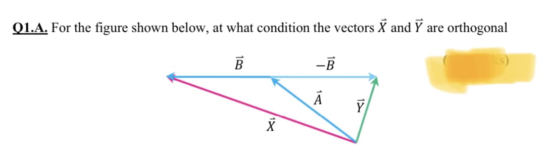 Q1.A. For the figure shown below, at what condition the vectors X and Y are orthogonal
B
-B
1
