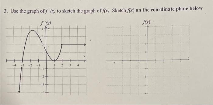 3. Use the graph of f '(x) to sketch the graph of f(x). Sketch f(x) on the coordinate plane below
f'(x)
-44y
f(x)
-4
-2
3-
L
-2
T
2 3
4
X