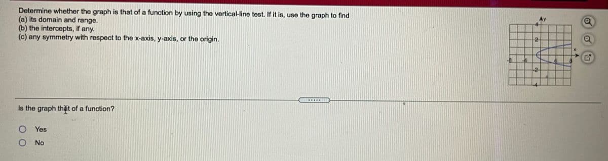 Determine whether the graph is that of a function by using the vertical-line test. If it is, use the graph to find
(a) its domain and range.
(b) the intercepts, if any.
(c) any symmetry with respect to the x-axis, y-axis, or the origin.
2
-2
Is the graph thặt of a function?
O Yes
No
