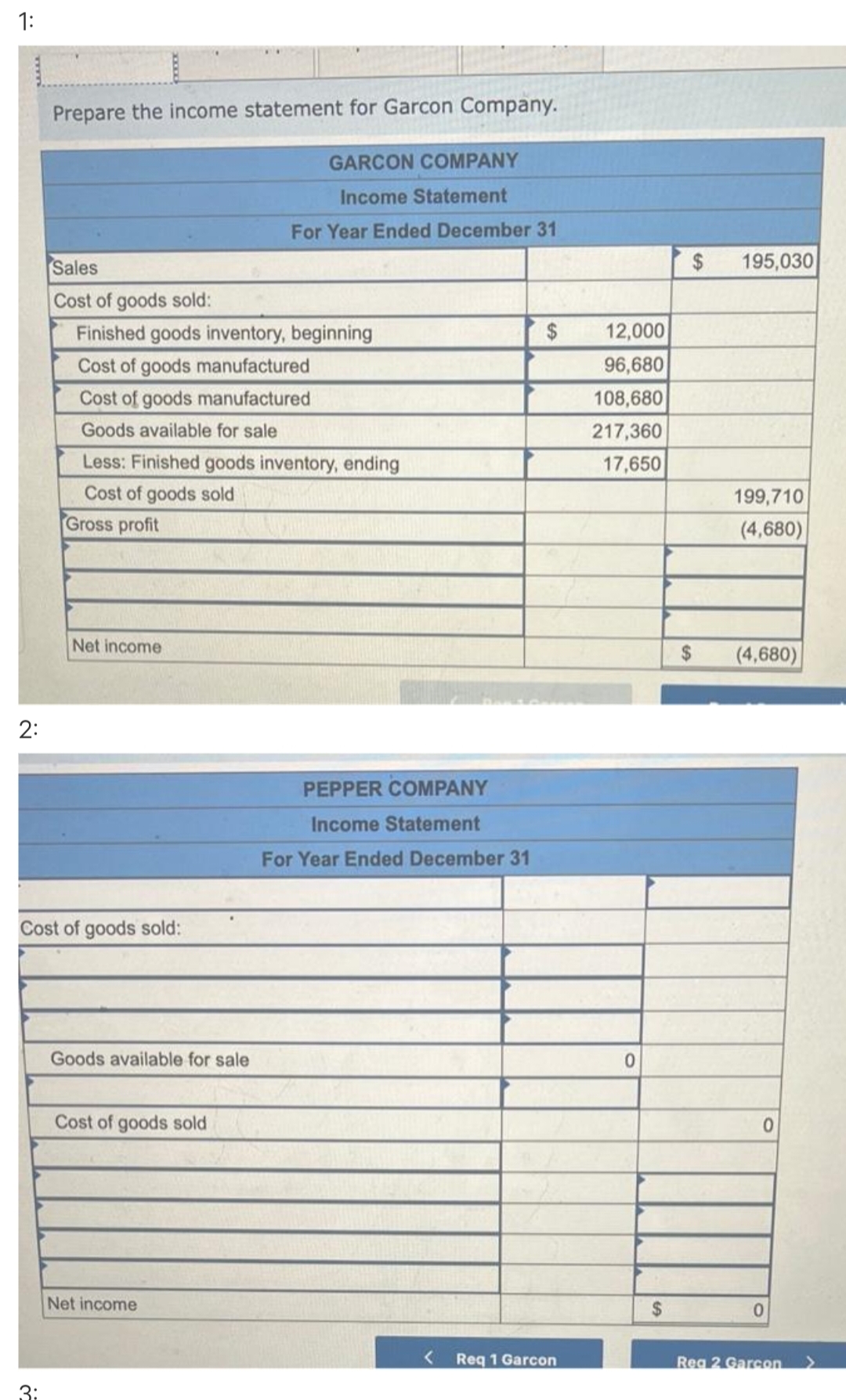 1:
2:
Prepare the income statement for Garcon Company.
3:
Sales
Cost of goods sold:
Finished goods inventory, beginning
Cost of goods manufactured
Cost of goods manufactured
Goods available for sale
Less: Finished goods inventory, ending
Cost of goods sold
Gross profit
Net income
Cost of goods sold:
Goods available for sale
Cost of goods sold
GARCON COMPANY
Income Statement
For Year Ended December 31
Net income
PEPPER COMPANY
Income Statement
For Year Ended December 31
$
Req 1 Garcon
12,000
96,680
108,680
217,360
17,650
0
$
$
195,030
199,710
(4,680)
$ (4,680)
0
0
Reg 2 Garcon