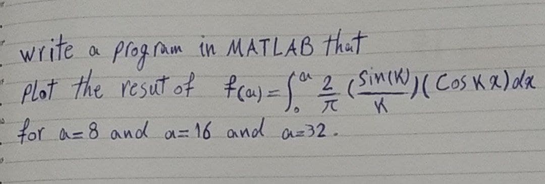 write a prog ram in MATLAB that
sinck)
Plot the resut of fea)=
2(SMIN)( CoSKa)da
for a=8 and a=16 and az32.
