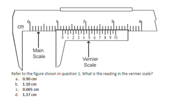 cm
ở i 2 3 4 5 6 7 8 9 10
Main
Scale
Vernier
Scale
Refer to the figure shown in question 1. What is the reading in the vernier scale?
а. 0.90 сm
b. 1.10 cm
c. 0.065 cm
d. 1.17 cm
