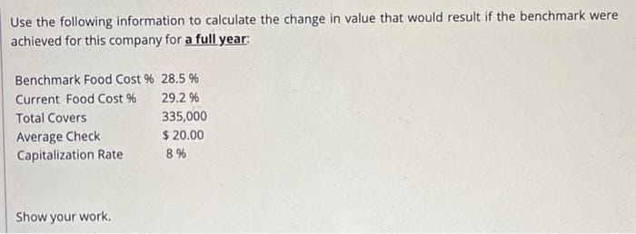 Use the following information to calculate the change in value that would result if the benchmark were
achieved for this company for a full year:
Benchmark Food Cost % 28.5 %
Current Food Cost %
29.2 %
Total Covers
335,000
$ 20.00
Average Check
Capitalization Rate
8 %
Show your work.
