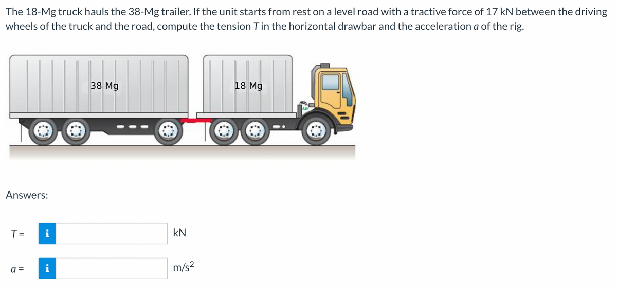 The 18-Mg truck hauls the 38-Mg trailer. If the unit starts from rest on a level road with a tractive force of 17 kN between the driving
wheels of the truck and the road, compute the tension Tin the horizontal drawbar and the acceleration a of the rig.
38 Mg
18 Mg
Answers:
T =
kN
m/s?
=
