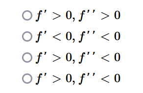 Of' > 0, f¹'>0
Of' < 0, f'' < 0
Of' > 0, f'' < 0
Of' > 0, f'' < 0