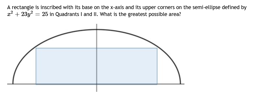 A rectangle is inscribed with its base on the x-axis and its upper corners on the semi-ellipse defined by
x² + 23y² = 25 in Quadrants I and II. What is the greatest possible area?