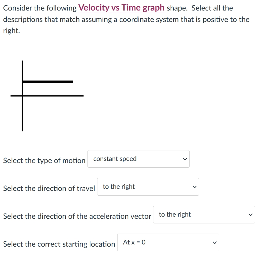 Consider the following Velocity vs Time graph shape. Select all the
descriptions that match assuming a coordinate system that is positive to the
right.
Select the type of motion constant speed
Select the direction of travel to the right
Select the direction of the acceleration vector to the right
At x = 0
Select the correct starting location
>
>
>
