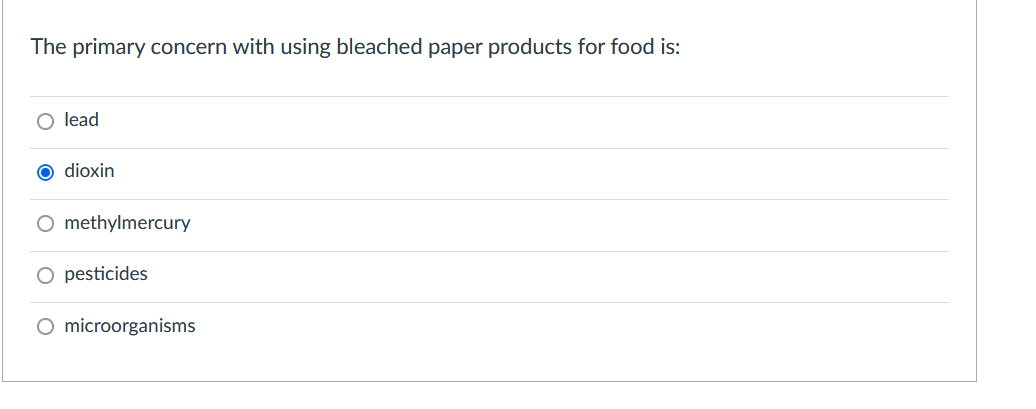 The primary concern with using bleached paper products for food is:
O lead
O dioxin
O methylmercury
O pesticides
O microorganisms
