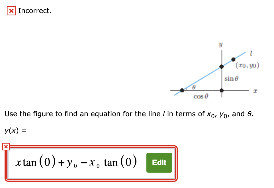 X Incorrect.
(ro, y0)
sin 0
Cos 0
Use the figure to find an equation for the line / in terms of xo, Yo, and 0.
y(x) =
x tan (0) + y. -x, tan (0)
Edit
