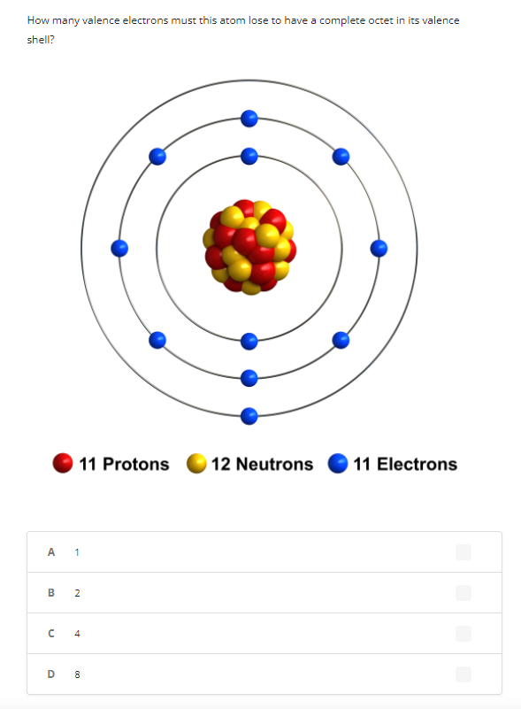How many valence electrons must this atom lose to have a complete octet in its valence
shell?
11 Protons
12 Neutrons
11 Electrons
A
B
2
4
D 8
