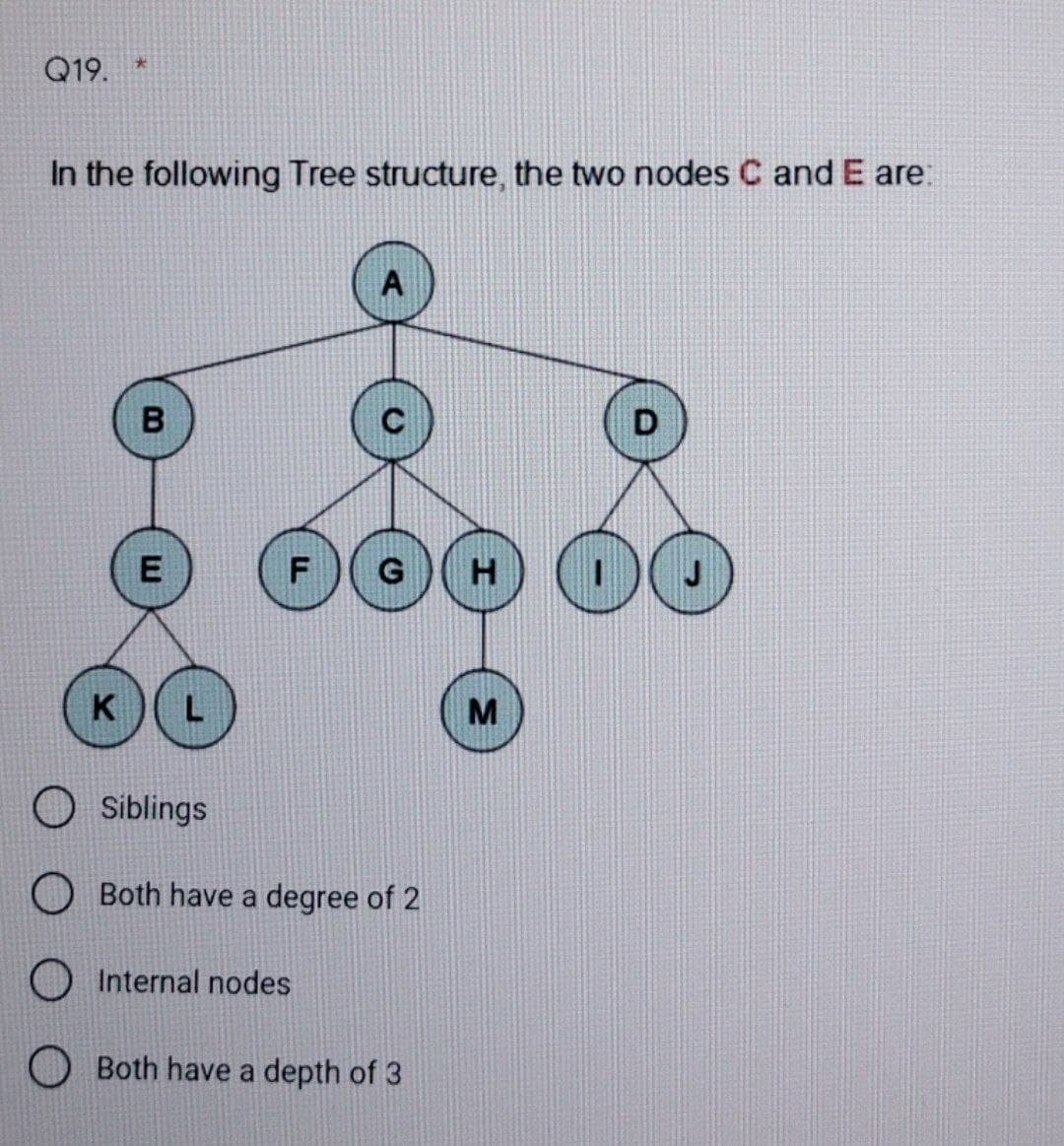 Q19.
*
In the following Tree structure, the two nodes C and E are:
K
B
E
F
A
Siblings
Both have a degree of 2
Internal nodes
Both have a depth of 3
H
M
D
OO