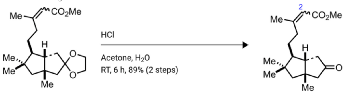 ^CO2Me
Me
CO2Me
Me-
HCI
H
H
Аcetone, Hz0
Me.,
Ме.,
Me
O:
RT, 6 h, 89% (2 steps)
Ме
Me
Ме
