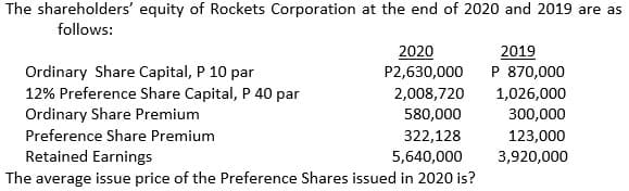 The shareholders' equity of Rockets Corporation at the end of 2020 and 2019 are as
follows:
2020
2019
P 870,000
Ordinary Share Capital, P 10 par
12% Preference Share Capital, P 40 par
Ordinary Share Premium
P2,630,000
2,008,720
1,026,000
580,000
300,000
Preference Share Premium
322,128
123,000
Retained Earnings
The average issue price of the Preference Shares issued in 2020 is?
5,640,000
3,920,000
