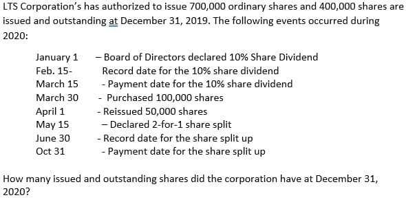 LTS Corporation's has authorized to issue 700,000 ordinary shares and 400,000 shares are
issued and outstanding at December 31, 2019. The following events occurred during
2020:
January 1
- Board of Directors declared 10% Share Dividend
Feb. 15-
Record date for the 10% share dividend
- Payment date for the 10% share dividend
- Purchased 100,000 shares
March 15
March 30
April 1
May 15
- Reissued 50,000 shares
- Declared 2-for-1 share split
- Record date for the share split up
- Payment date for the share split up
June 30
Oct 31
How many issued and outstanding shares did the corporation have at December 31,
2020?
