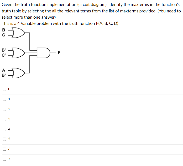 Given the truth function implementation (circuit diagram), identify the maxterms in the function's
truth table by selecting the all the relevant terms from the list of maxterms provided. (You need to
select more than one answer)
This is a 4 Variable problem with the truth function F(A, B, C, D)
B
B'
C'
A
B'
0 1
U
2
3
4
5
6
07
F