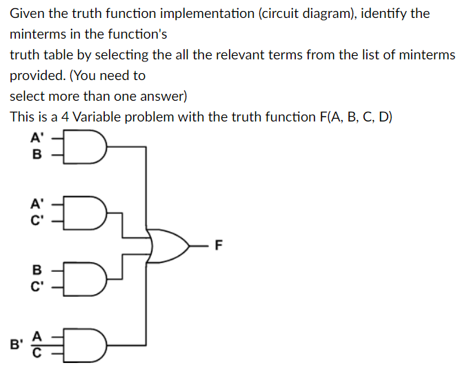 Given the truth function implementation (circuit diagram), identify the
minterms in the function's
truth table by selecting the all the relevant terms from the list of minterms
provided. (You need to
select more than one answer)
This is a 4 Variable problem with the truth function F(A, B, C, D)
C
B'
A'
B
:I
A'
B
C'
D
F