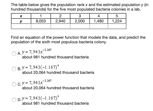 The table below gives the population rank x and the estimated population y (in
hundred thousands) for the five most populated bacteria colonies in a lab.
5
1,480 1,224
3
4
8,053
2,940
2,000
Find an equation of the power function that models the data, and predict the
population of the sixth most populous bacteria colony.
A.Y 7,943x
about 981 hundred thousand bacteria
-1.167
B. Y* 7,943(-1.167)*
about 20,064 hundred thousand bacteria
C.Y 7,943x
about 20,064 hundred thousand bacteria
-1.167
D.Y 7,943(-1.167)*
about 981 hundred thousand bacteria
